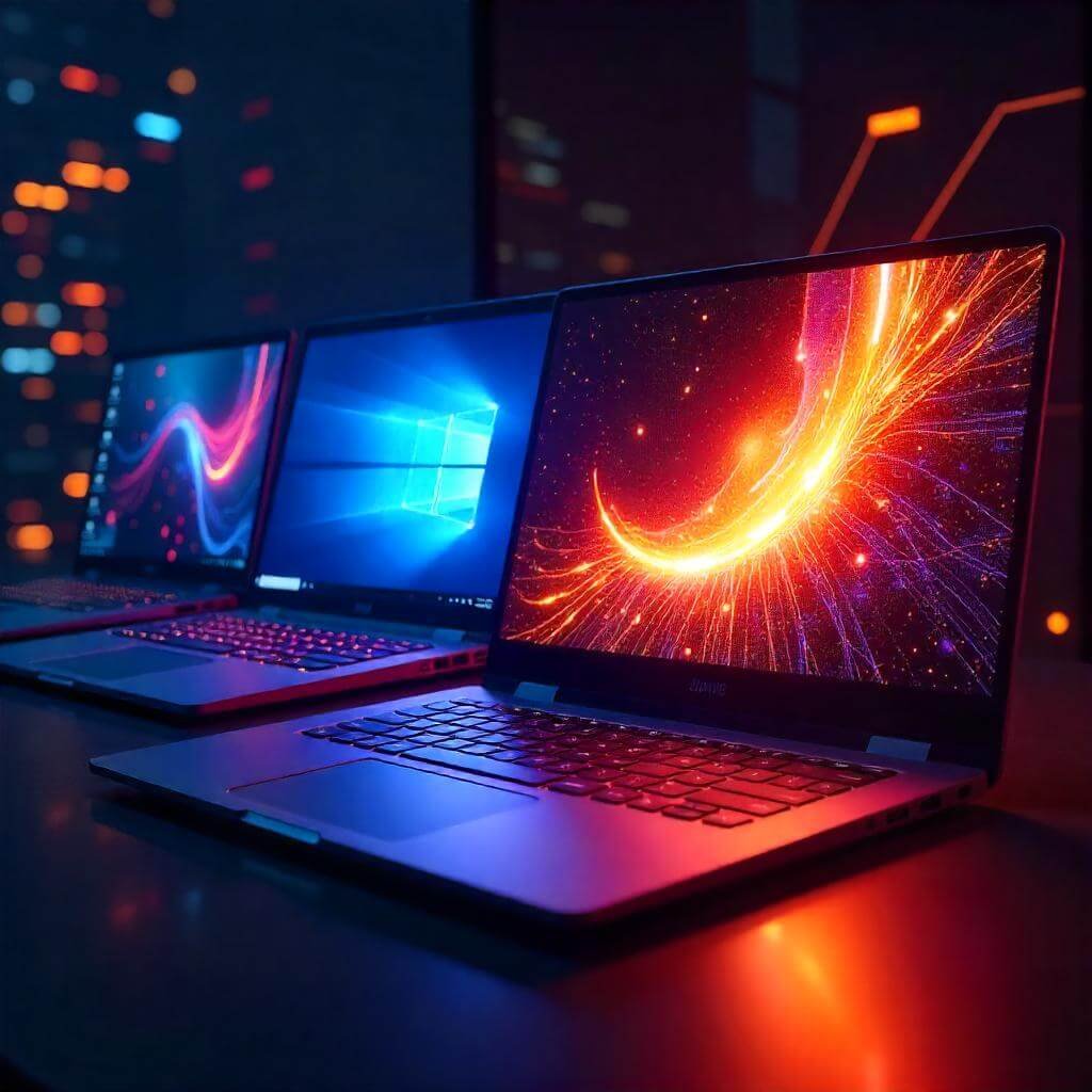 Each laptop has a glowing screen displaying different use cases (gaming, productivity, creativity).