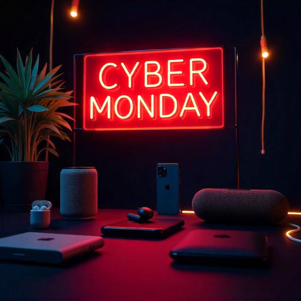 A glowing “Cyber Monday Sale” banner with a red and gold color scheme adds excitement.