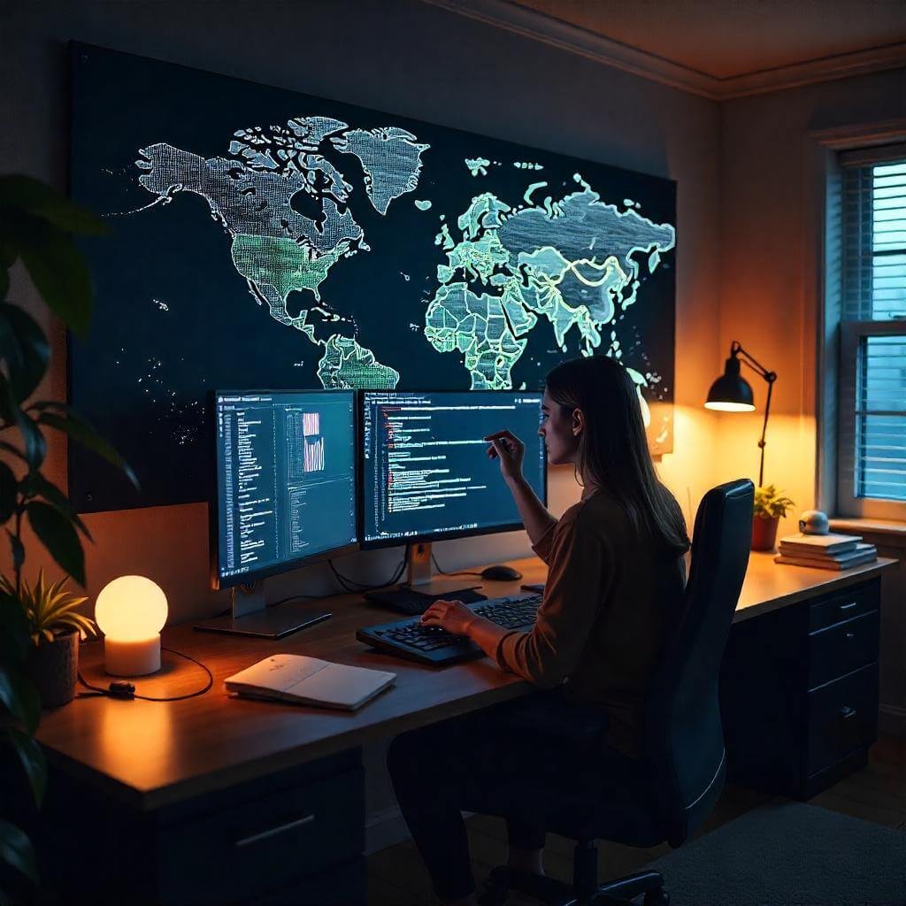 The scene should evoke ambition and global connectivity.