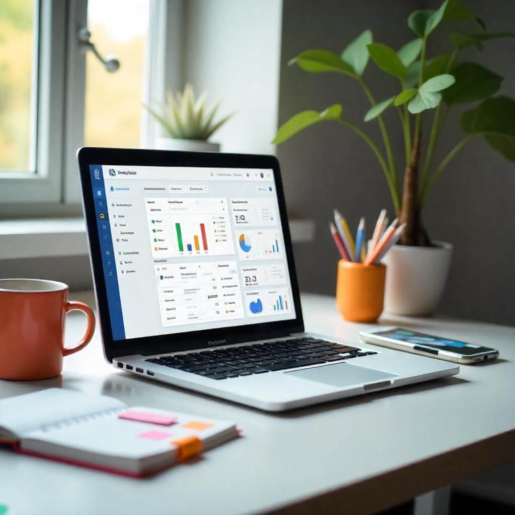 The background should be a clean, modern desk with natural light streaming in.