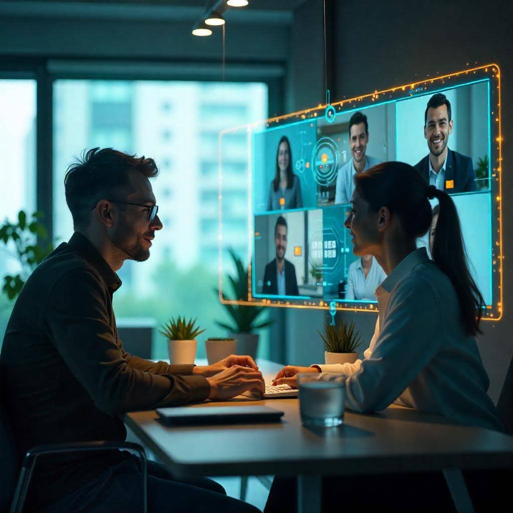Split-screen of remote and in-office workers, video call interface overlay, network lines/icons.