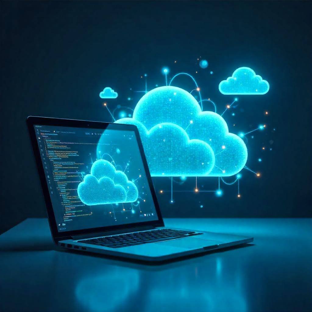 Futuristic digital cloud with interconnected devices (laptop, phone, tablet) symbolizing cloud storage accessibility.