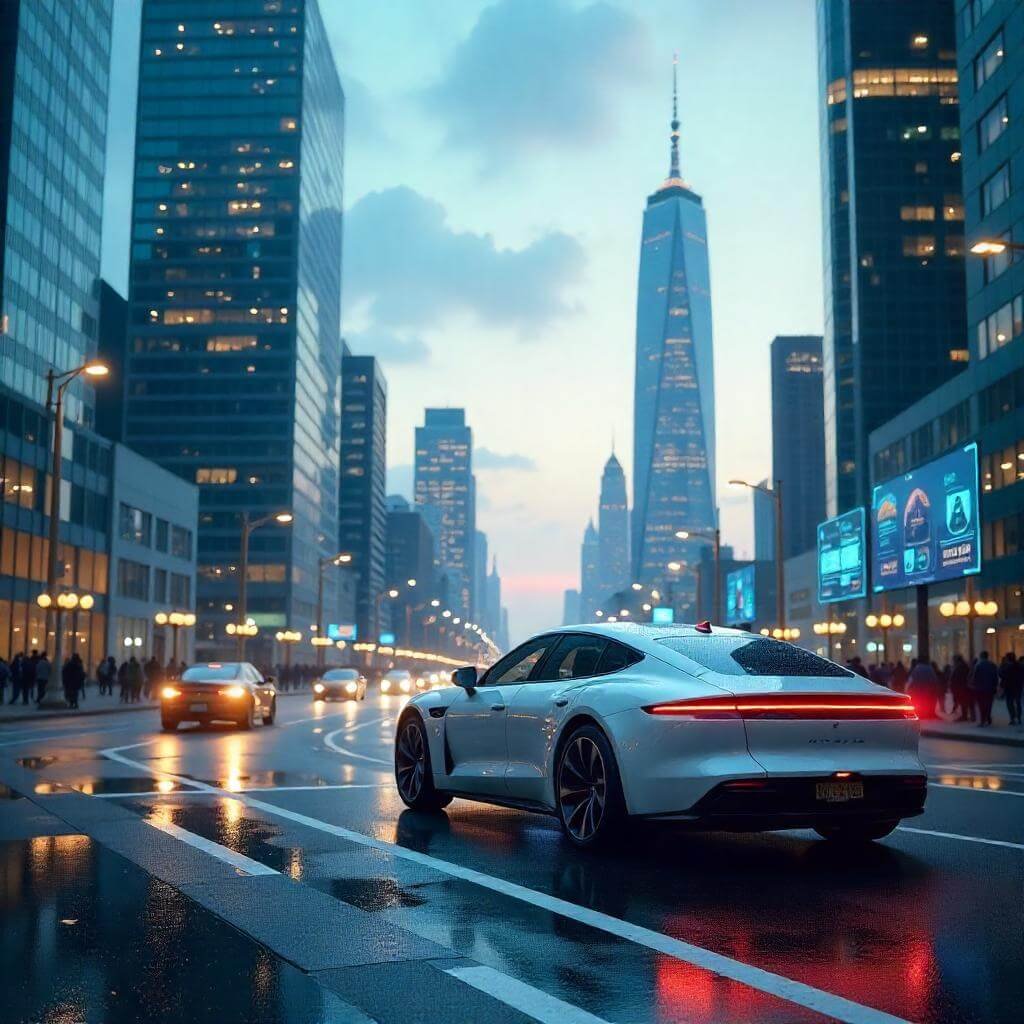 Holographic displays, autonomous cars, and a connected skyline.