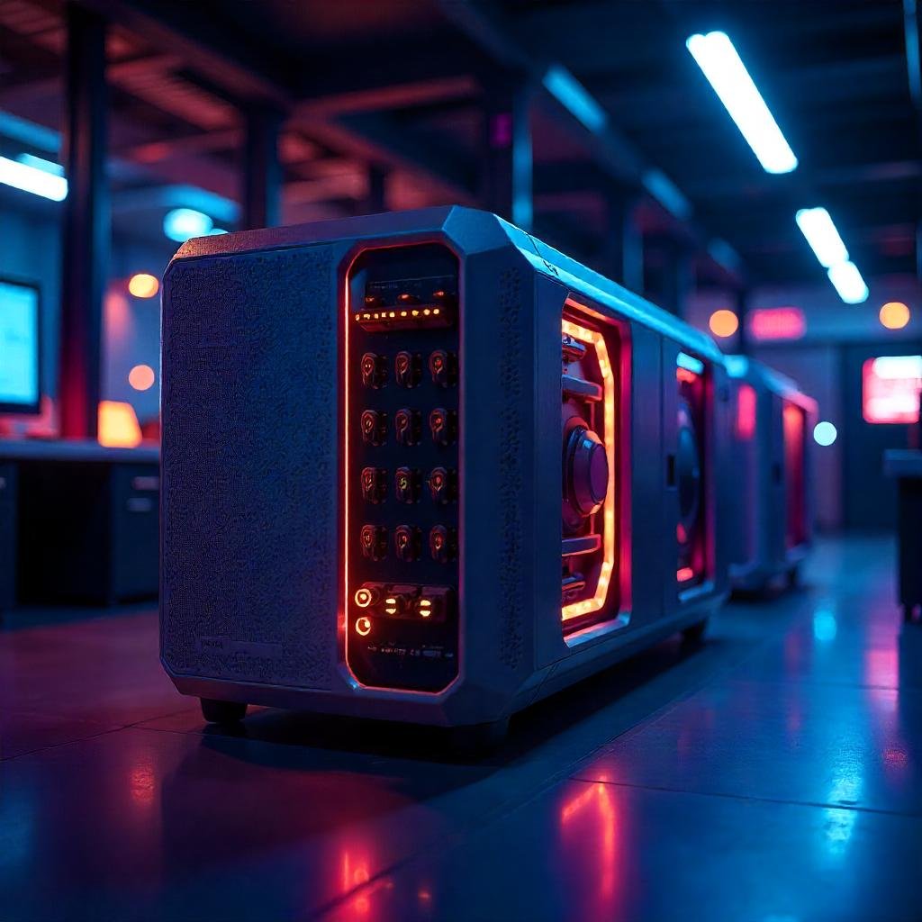 A sleek quantum computer in a futuristic lab, with glowing qubits and neon lighting.