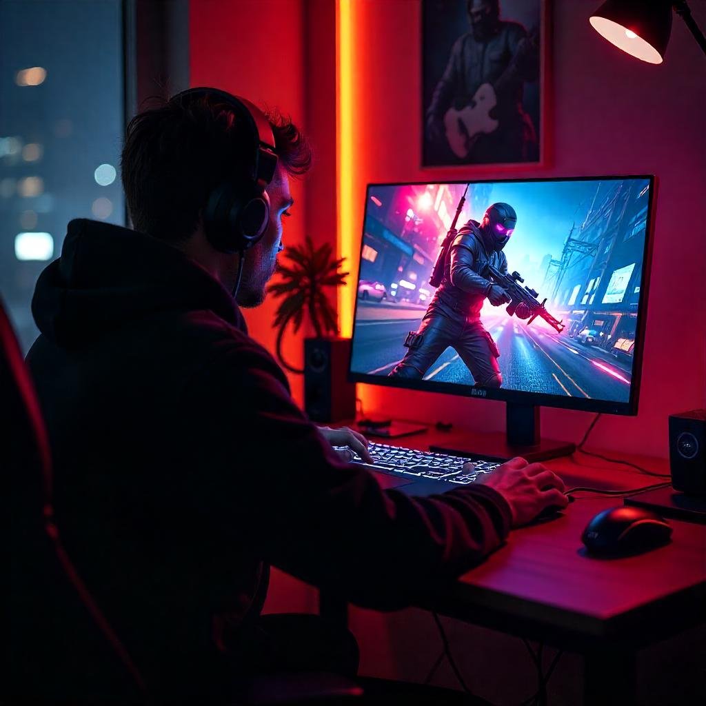 A gamer is in action, with RGB lighting illuminating the scene.