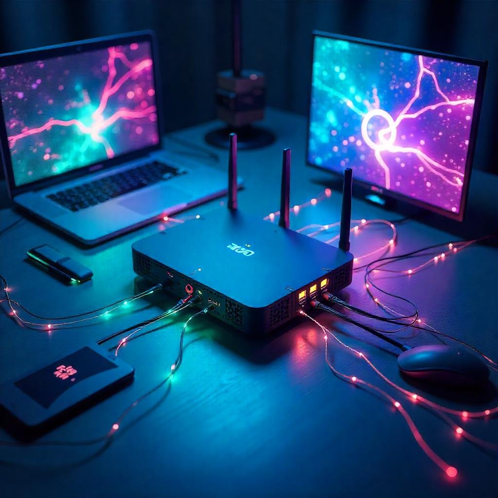 Router as the central hub, devices (laptop, phone, TV) connected via glowing lines.