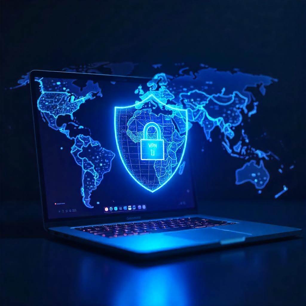 A digital shield glowing over a laptop, with a faint world map in the background symbolizing global privacy.