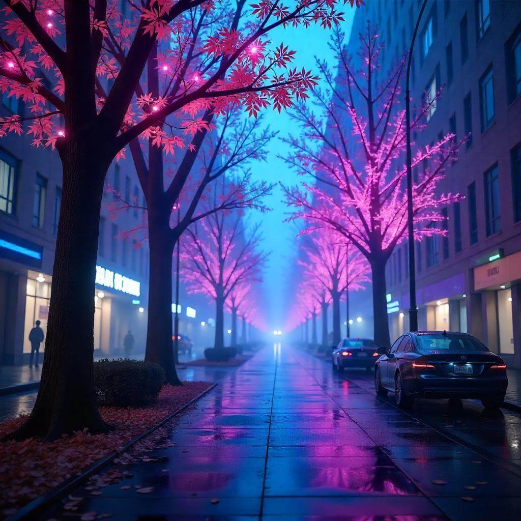 A futuristic cityscape with AI holograms, glowing in blue and purple to convey innovation.
