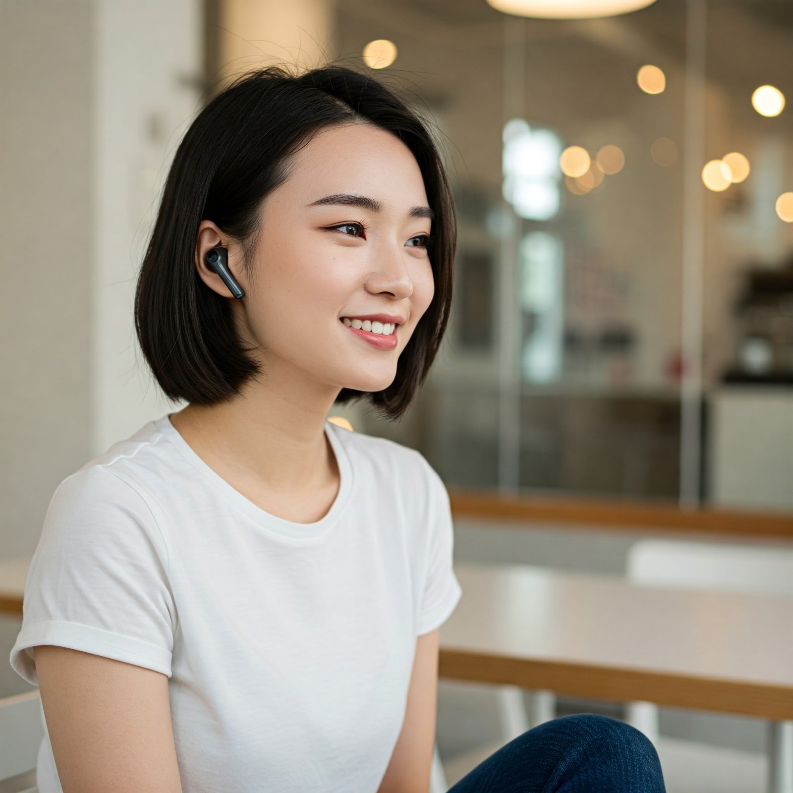 Happy person with wireless earbuds