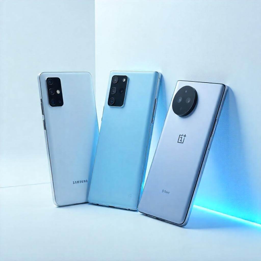 A sleek lineup of 2025 Android phones (Samsung Galaxy S25, Google Pixel 9 Pro, OnePlus 13) arranged on a minimalist white background with a futuristic blue glow.