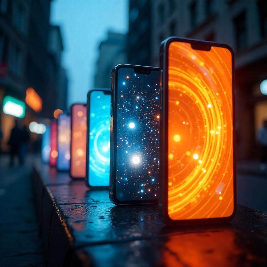 A futuristic lineup of 2025 smartphones with discount tags, using a blue-silver palette for a techy, energetic vibe.