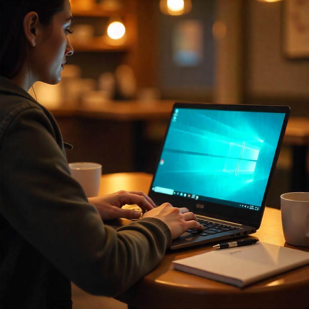 The background includes warm lighting, coffee mugs, and notebooks.