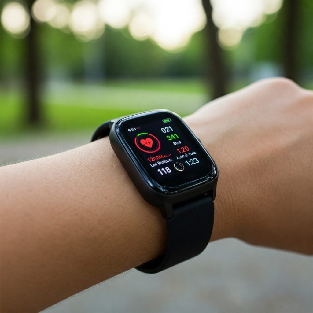 A close-up of a smartwatch displaying health metrics