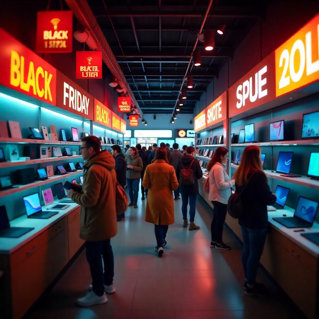 Shoppers are browsing displays of smartphones, laptops, and smart home devices, with sale signs prominently displayed.