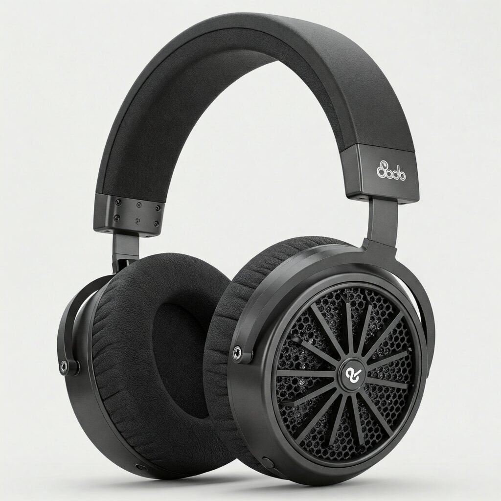 Open-back headphones detail shot.