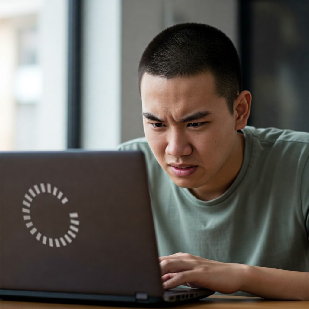 Frustrated person looking at a buffering screen