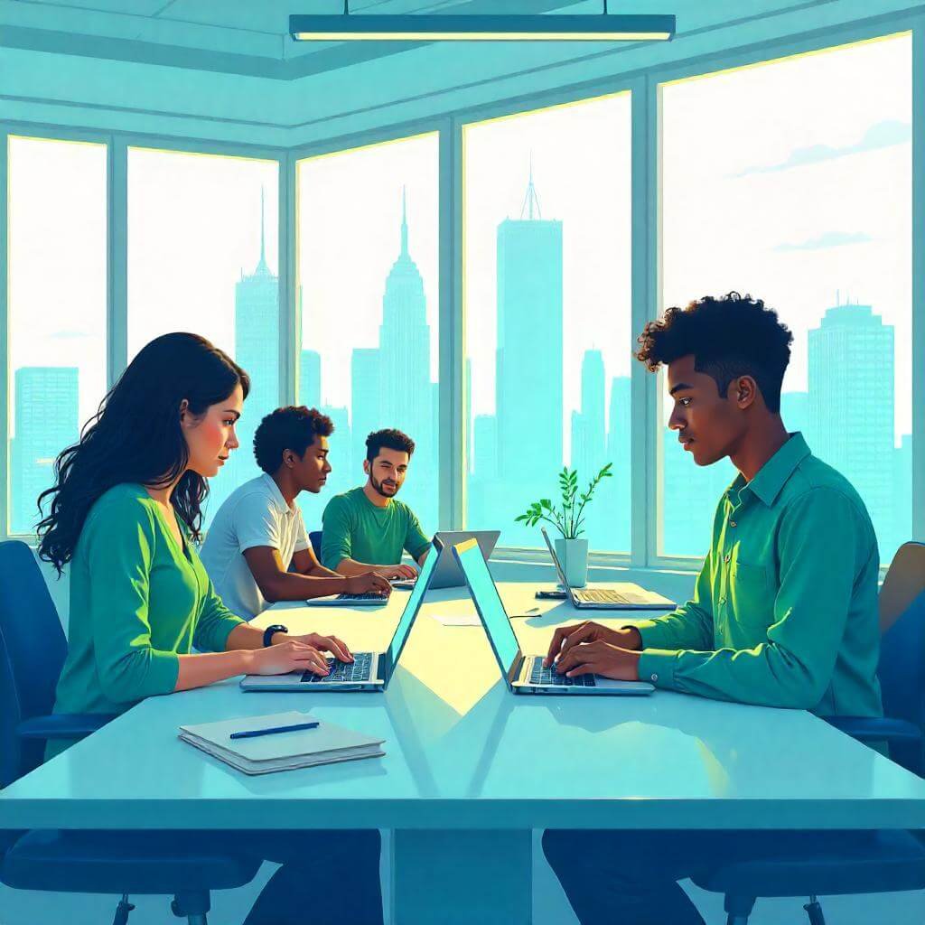 Include a city skyline visible through a window to symbolize opportunity.
