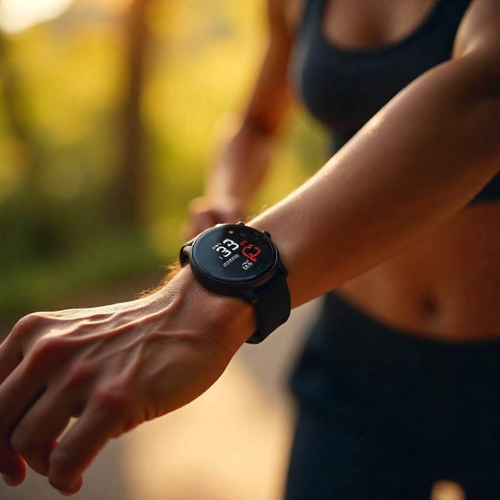 The watch screen should be visible, showing fitness metrics like heart rate, pace, or workout duration.