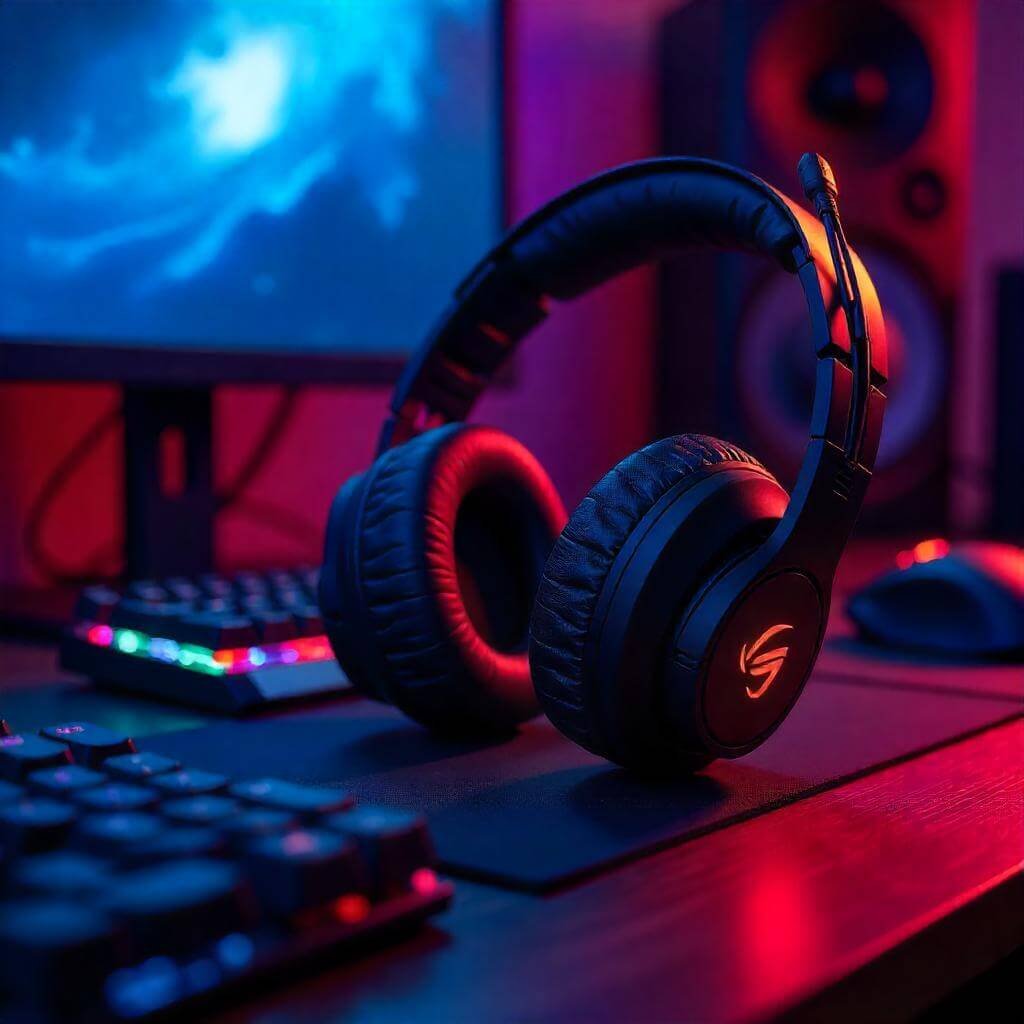 The headset’s ear cushions and microphone are prominently displayed.