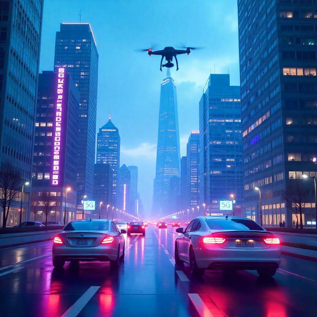 5G towers, drones, connected vehicles, and skyscrapers with digital overlays.