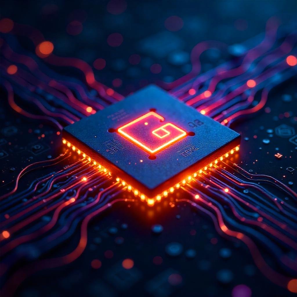 A glowing quantum chip with interconnected qubits, surrounded by digital waves.