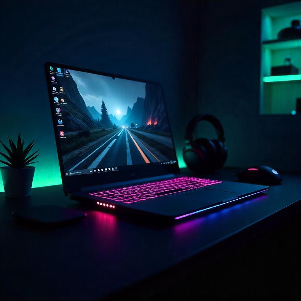 A sleek gaming laptop on a modern desk, glowing with RGB lighting, surrounded by a gaming mouse, keyboard, and headset.