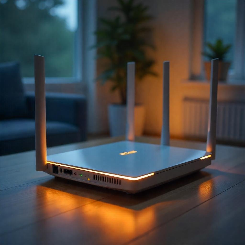 Sleek router with glowing LEDs, minimalist home background.
