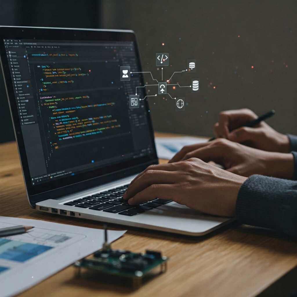'Hands coding with project diagram on laptop screen