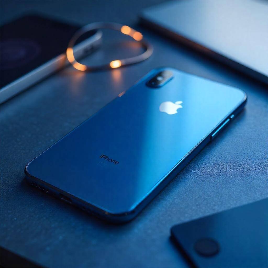 The phone is angled to show its slim profile, with a subtle Apple logo in the background.