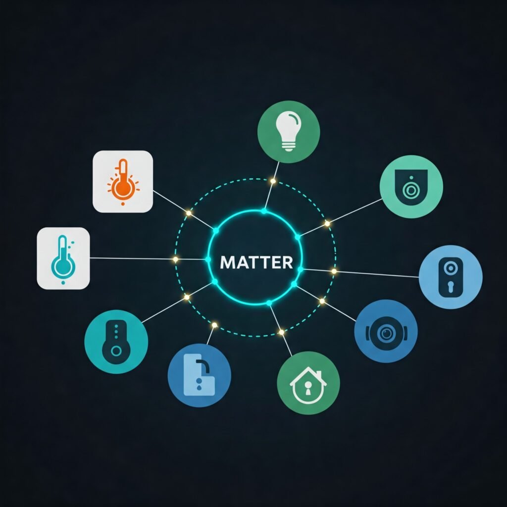Smart home devices connected by glowing lines around the Matter logo
