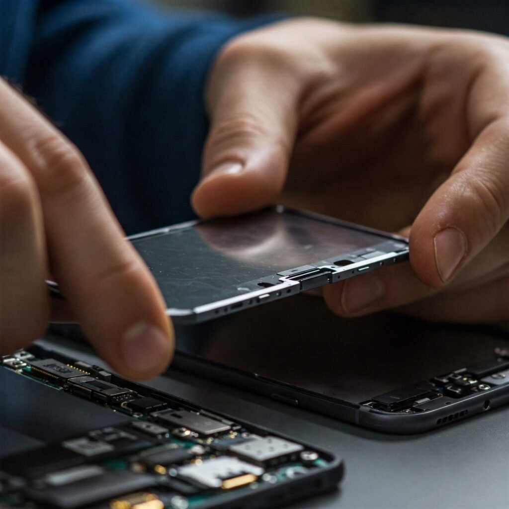 Checking refurbished device: Inspection process close-up