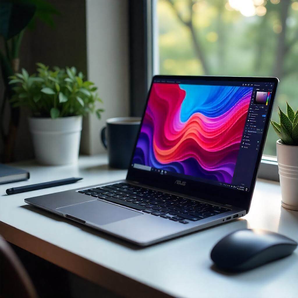The workspace includes a stylus, sketchpad, and plants for a creative vibe.