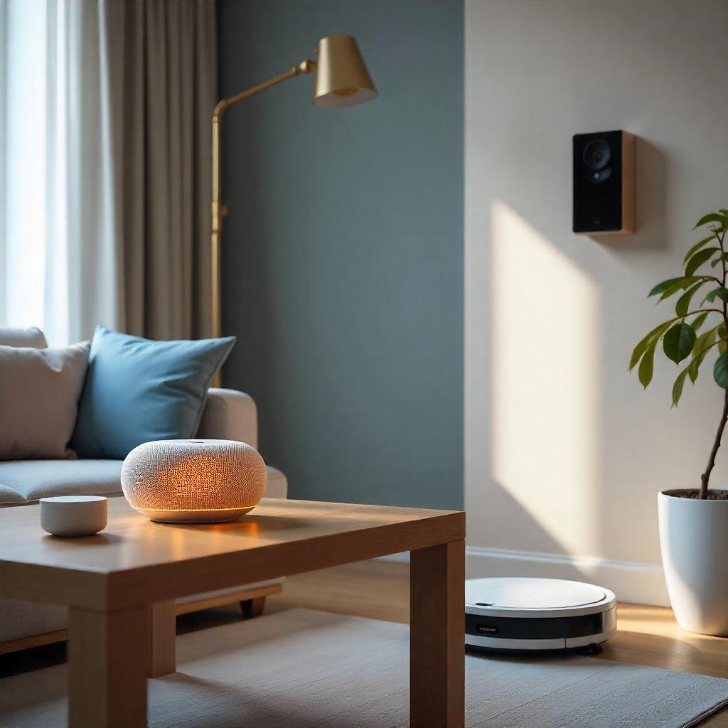 A sleek, high-resolution image of a modern smart home setup featuring devices like a smart speaker, video doorbell, and robot vacuum, arranged in a stylish living room.