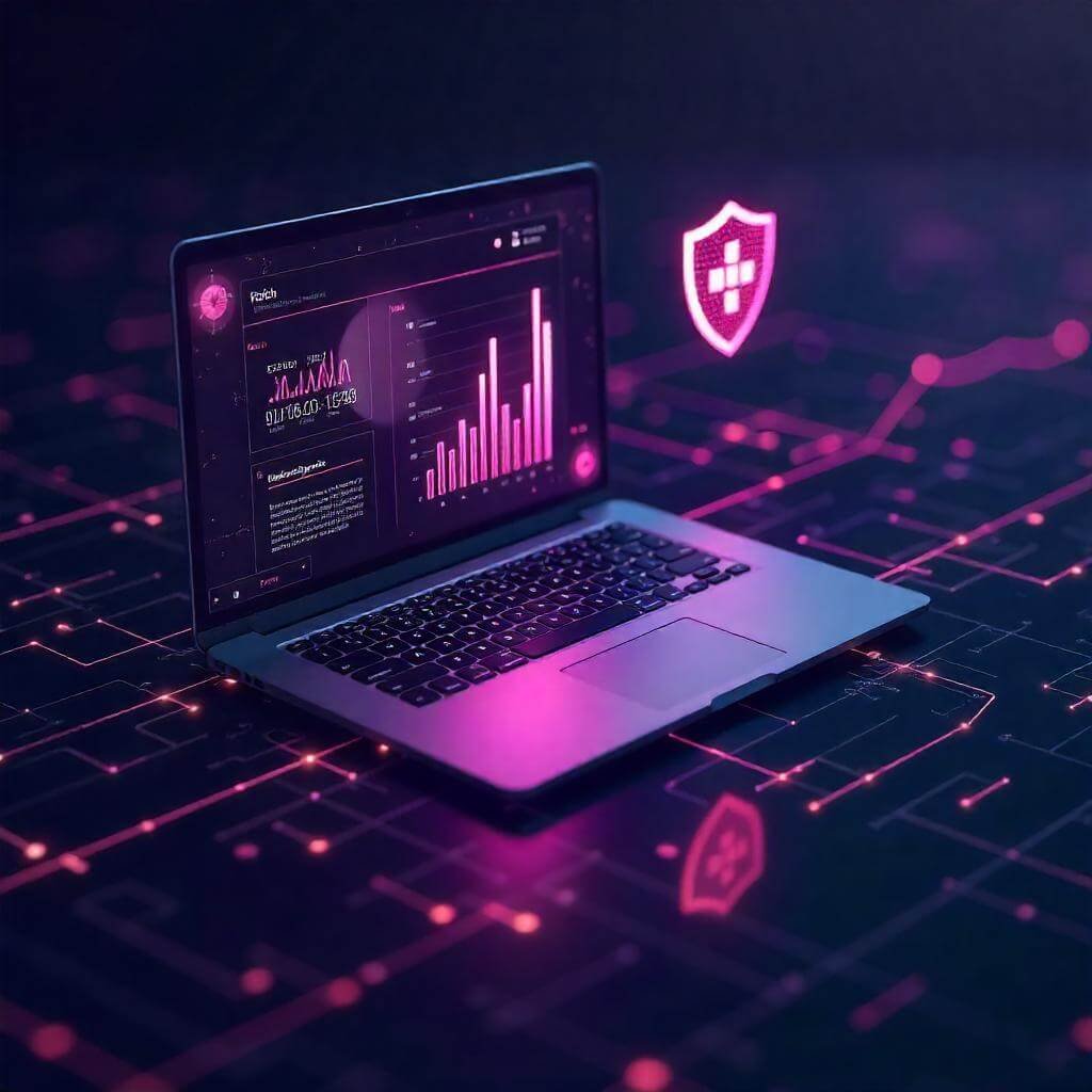 A sleek infographic with icons representing tech roles (laptop, shield, data charts) on a digital grid background.