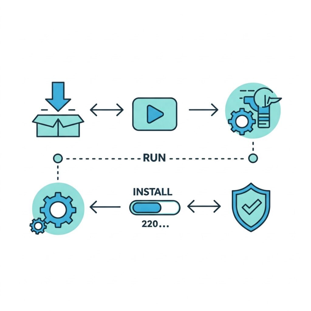 Infographic of antivirus installation steps: Download, Run, Install, Complete