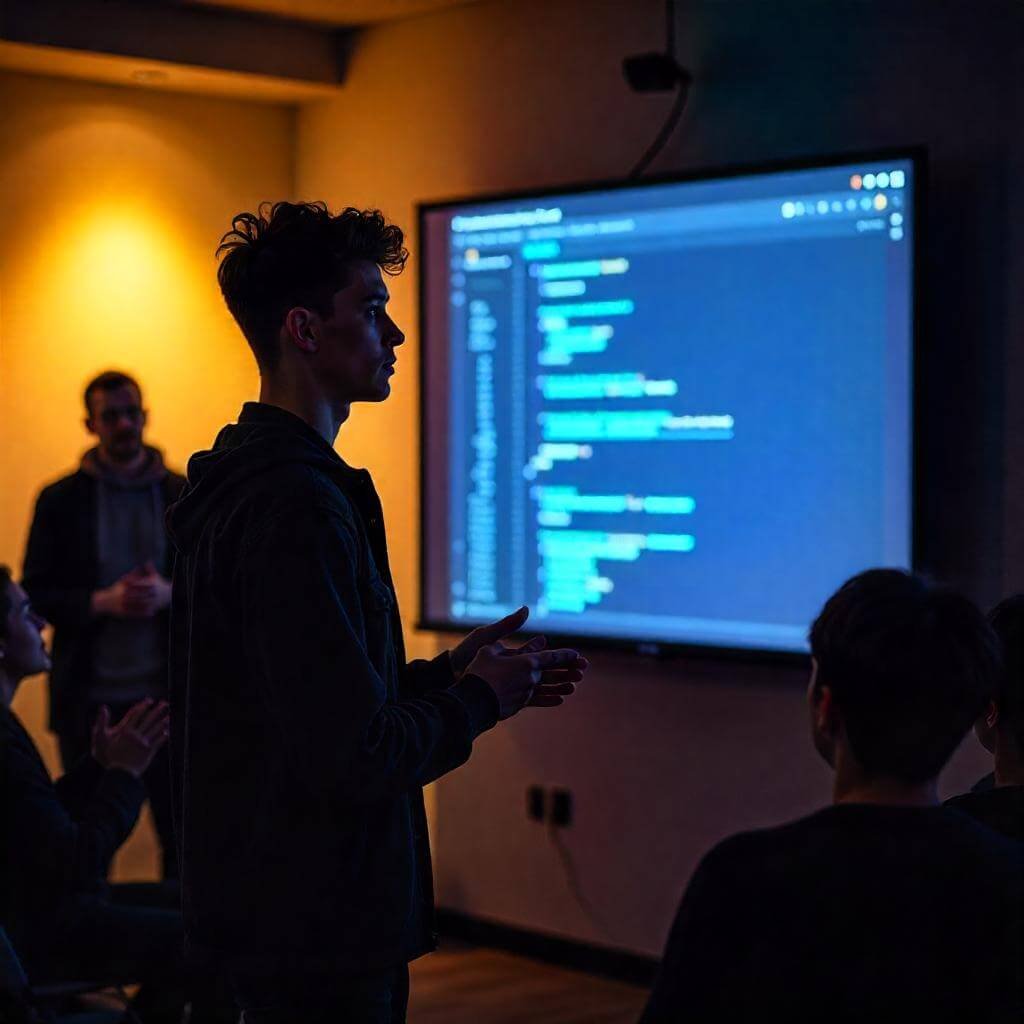 Include subtle tech icons (e.g., code snippets, browser windows).