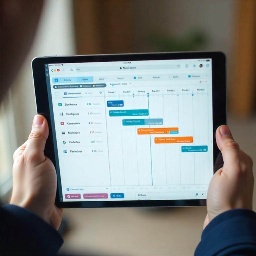 Show task dependencies and milestones in a colorful, organized layout.