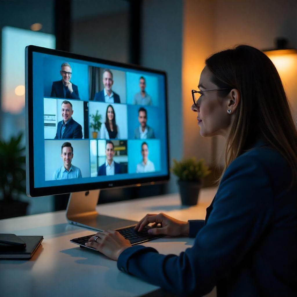 Teams interface with video feeds, shared document, corporate setting.