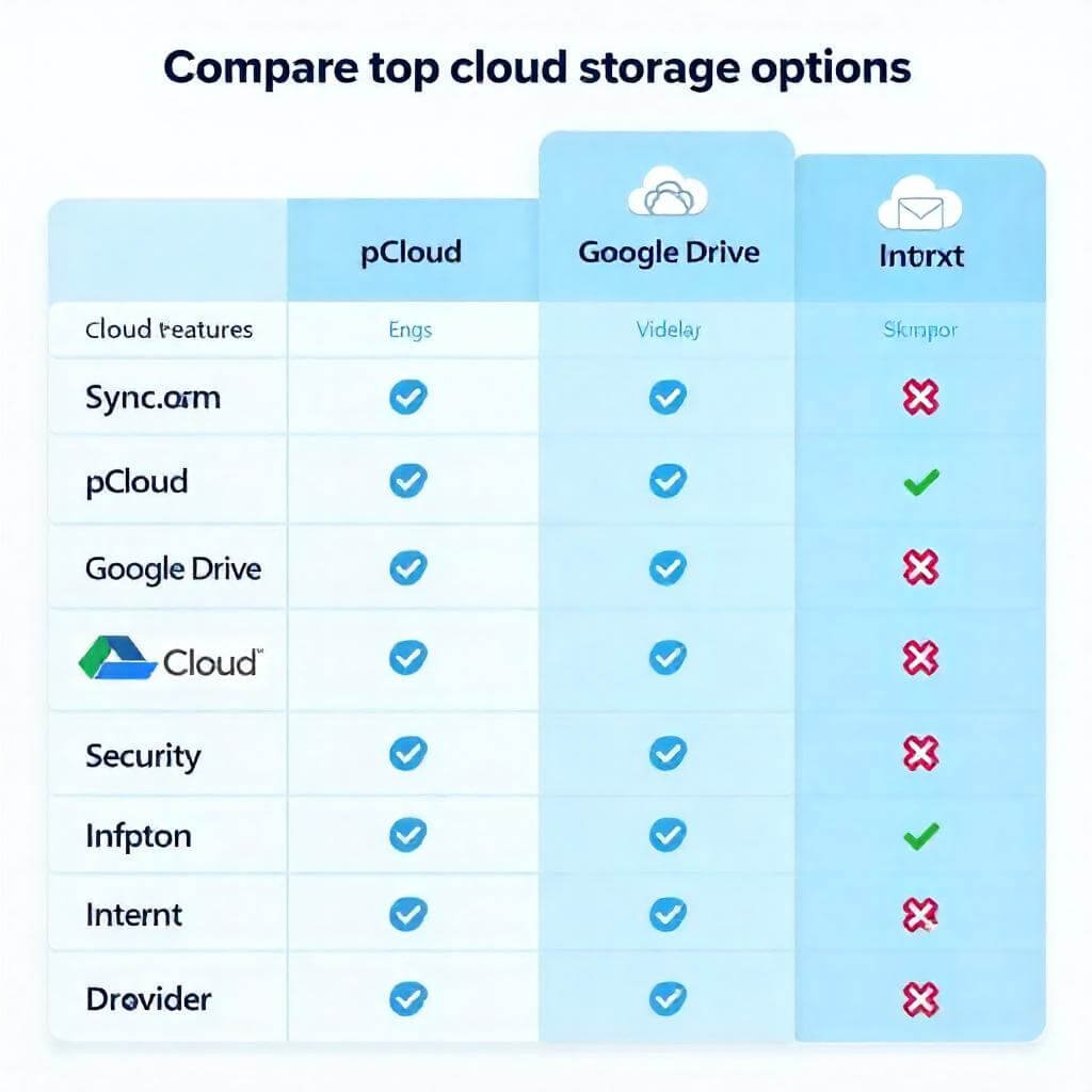 Table comparing features of Sync.com, pCloud, Google Drive, and Internxt (e.g., storage, security, pricing).