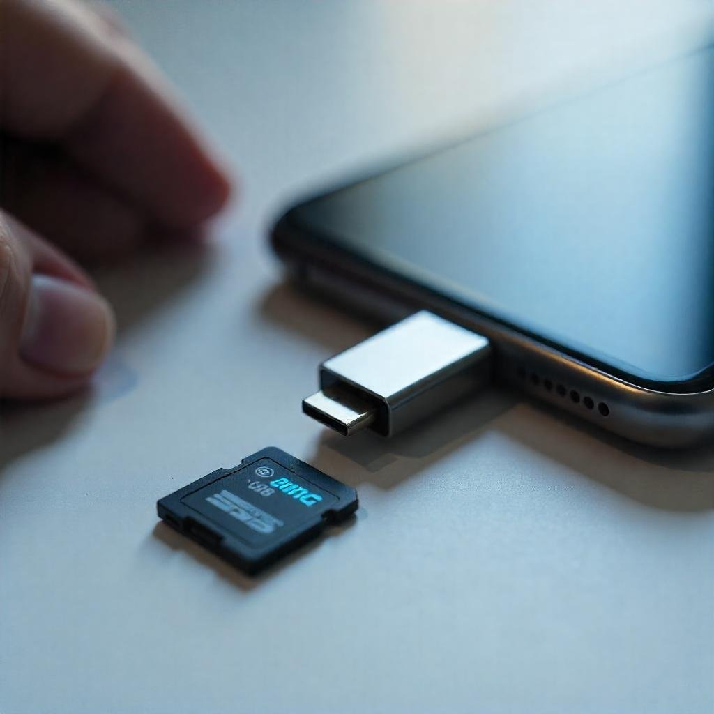 A close-up of a USB-C drive plugged into a smartphone, with a microSD card in the