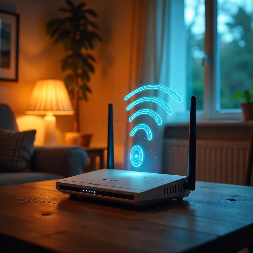 Router emitting illustrated Wi-Fi waves, cozy living room setting.