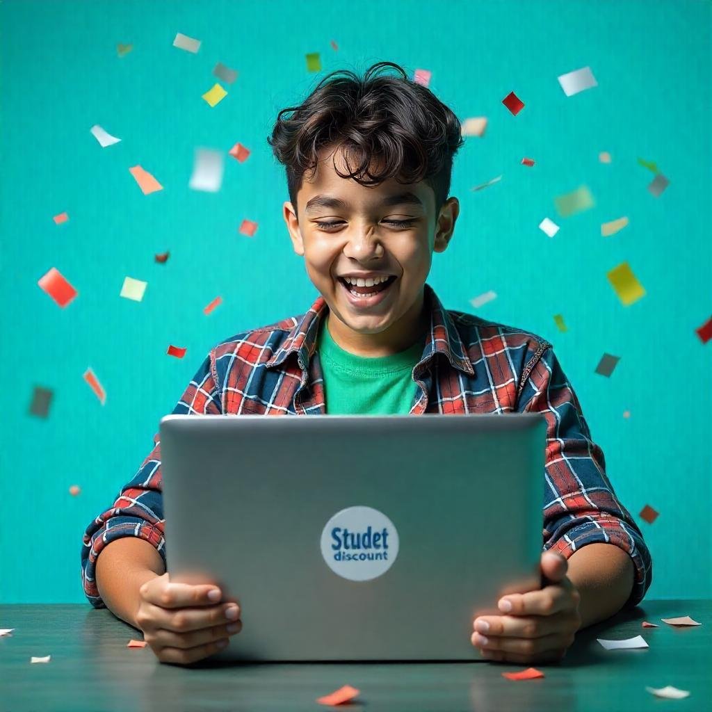 A dynamic image of a student unboxing a new laptop with a "Student Discount" sticker on the box. Use bold colors (blues, greens) to convey excitement and modernity.