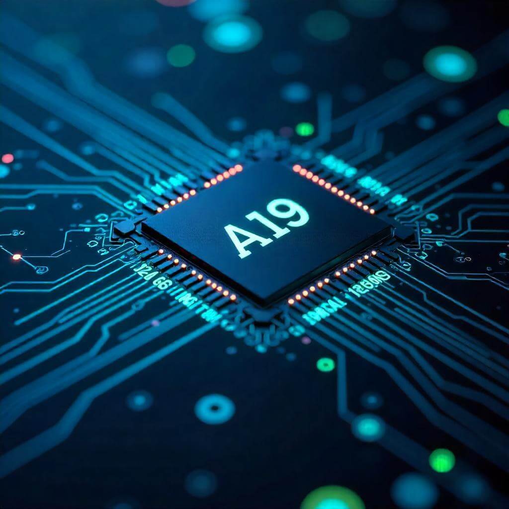 The chip is central, with subtle text overlays like “2nm” and “12GB DRAM.”