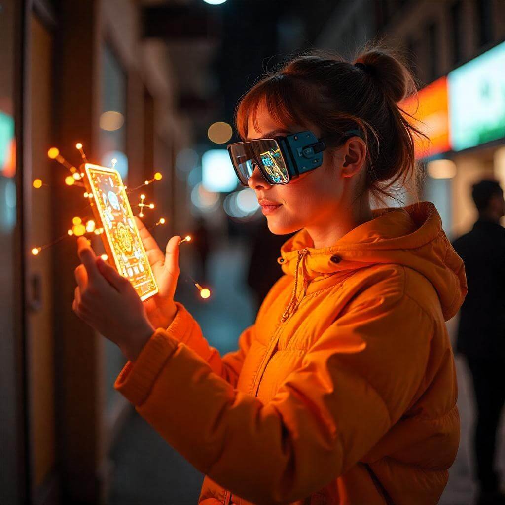 A person with a holographic AI assistant, in orange and yellow for excitement.