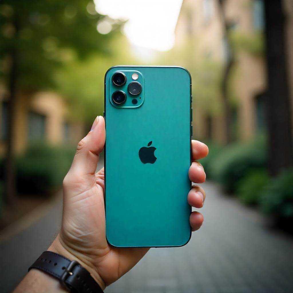 iPhone 16 in Teal, held in hand against a blurred outdoor setting.