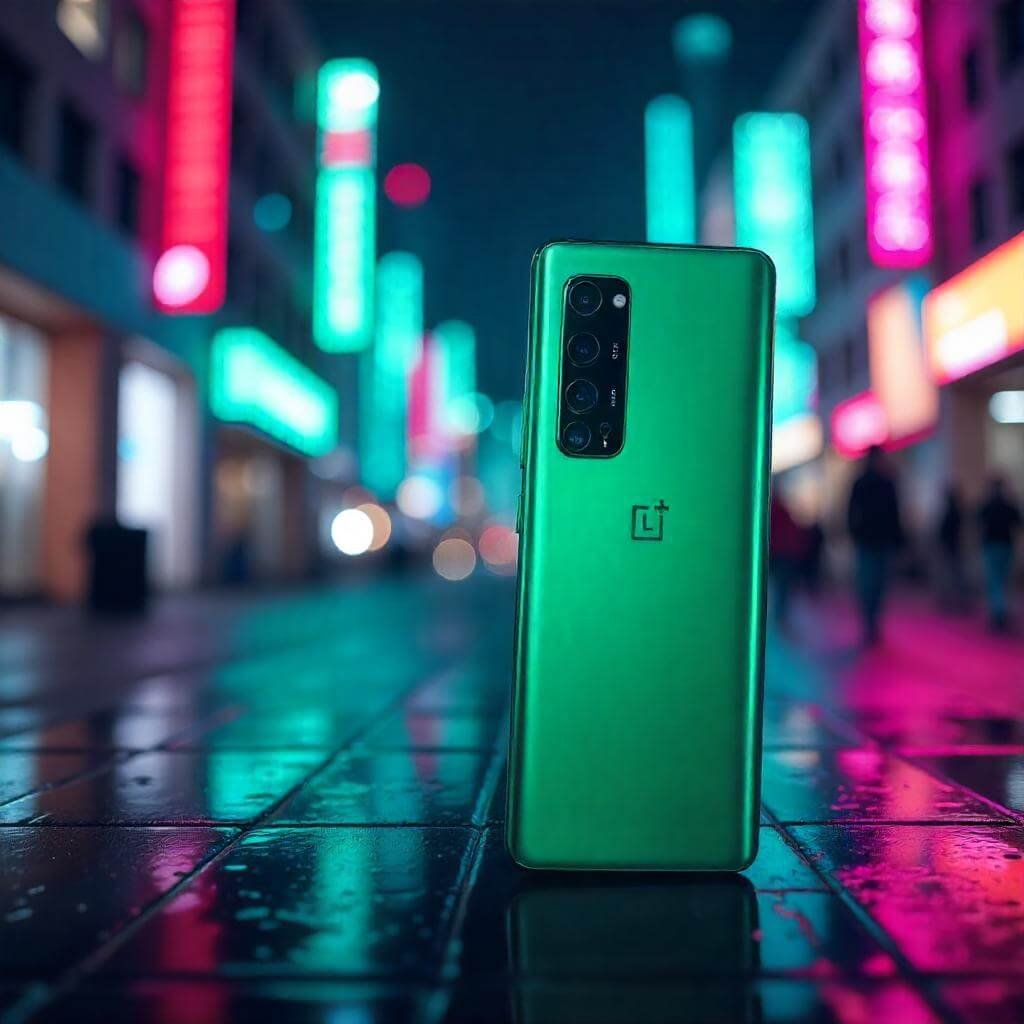 A dynamic image of the OnePlus 13 in a bold green hue, captured mid-action with a gaming app on-screen to highlight its performance.