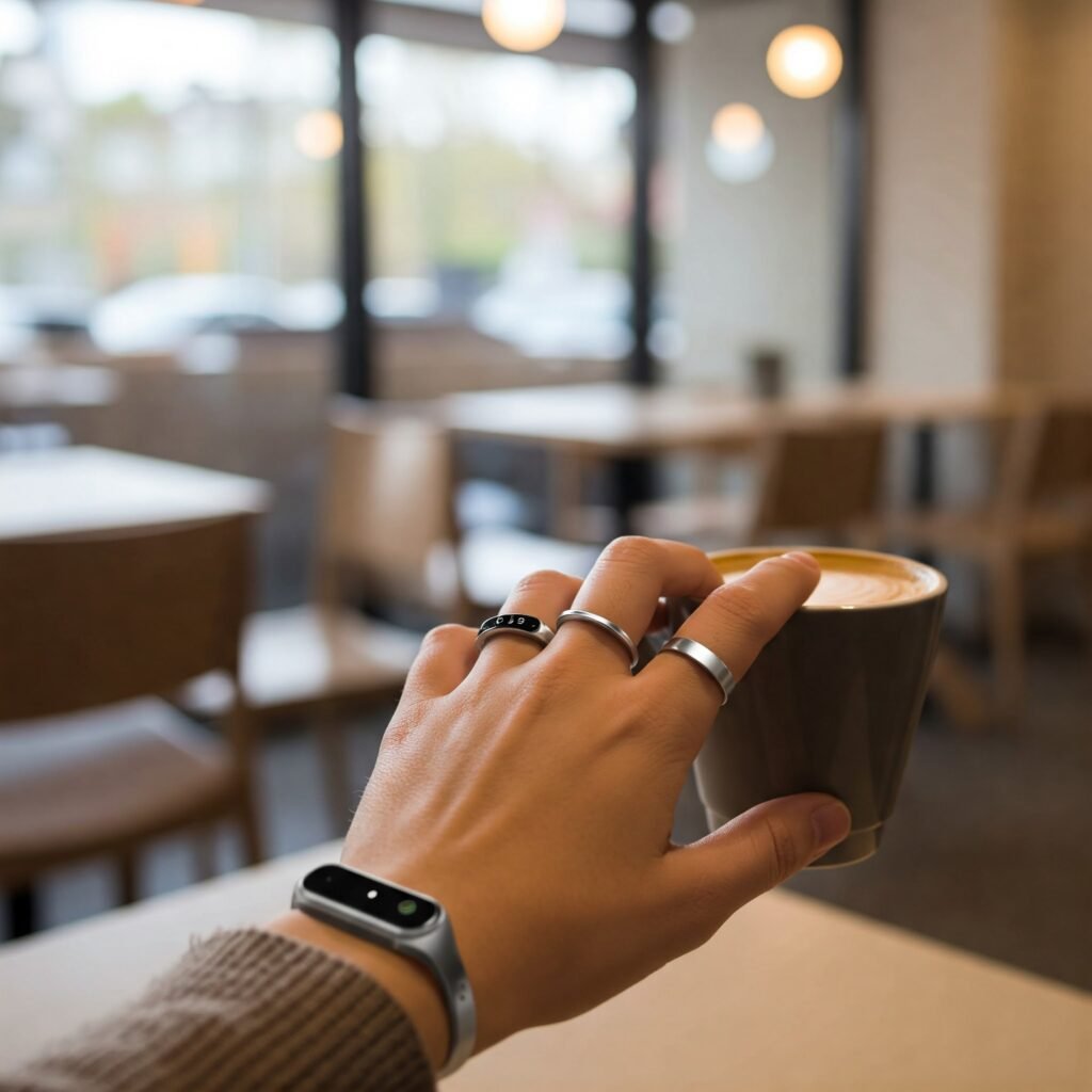 Hand with smart ring holding coffee