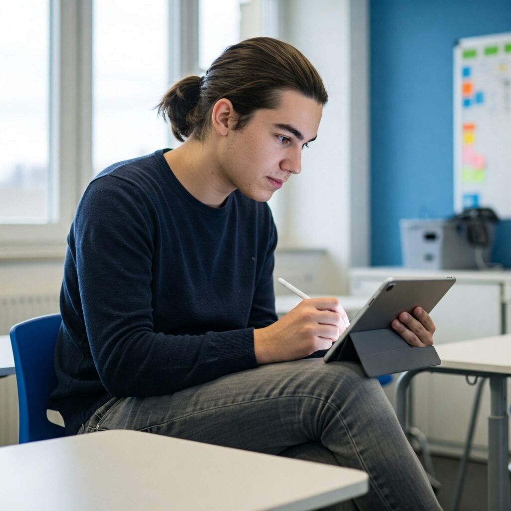A student in a classroom, using a tablet with a stylus for digital note-taking.