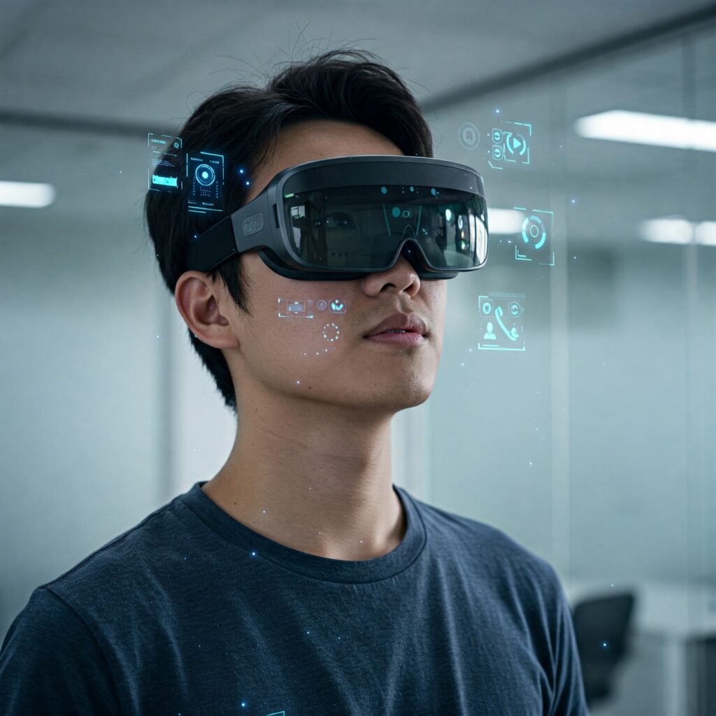 Person wearing futuristic AR glasses with digital overlays