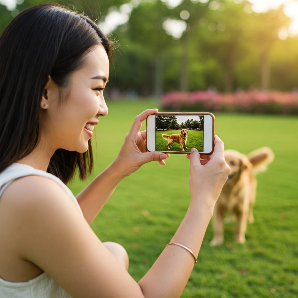 Smiling person taking a photo with a smartphone